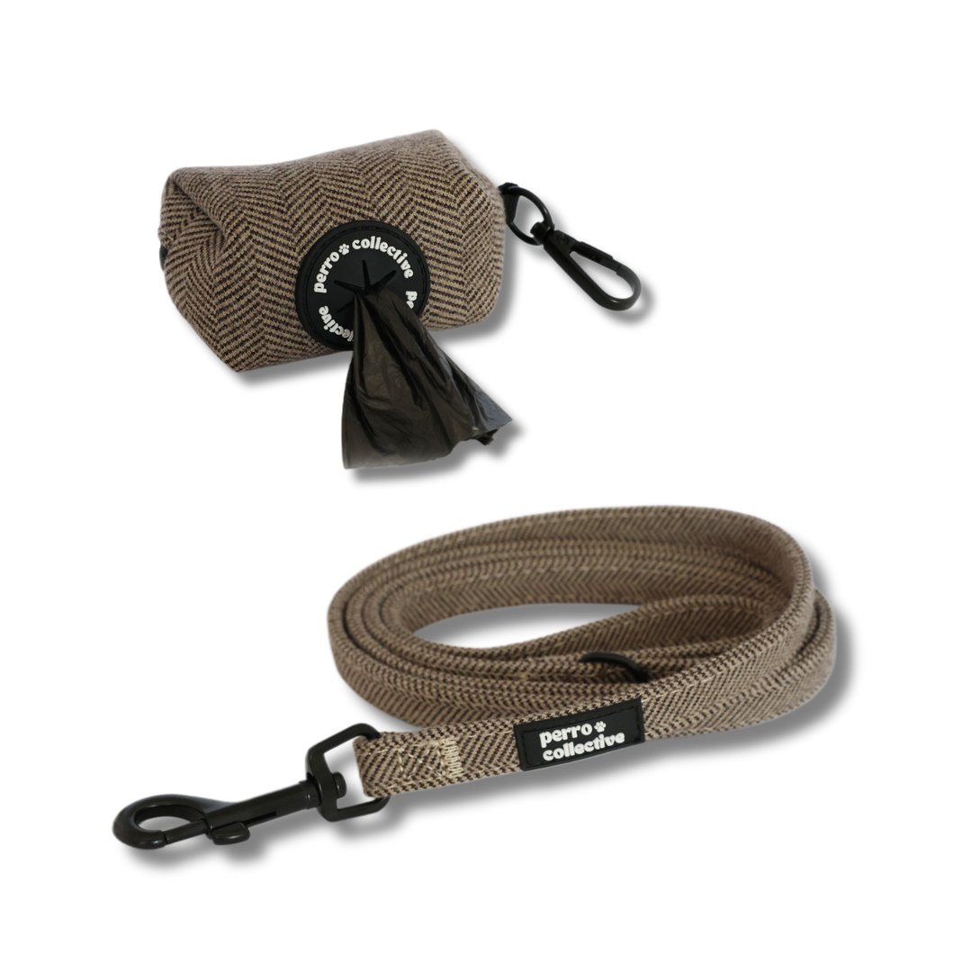 Brown Dog Leash & Poop Bag Holder Set - perro collective